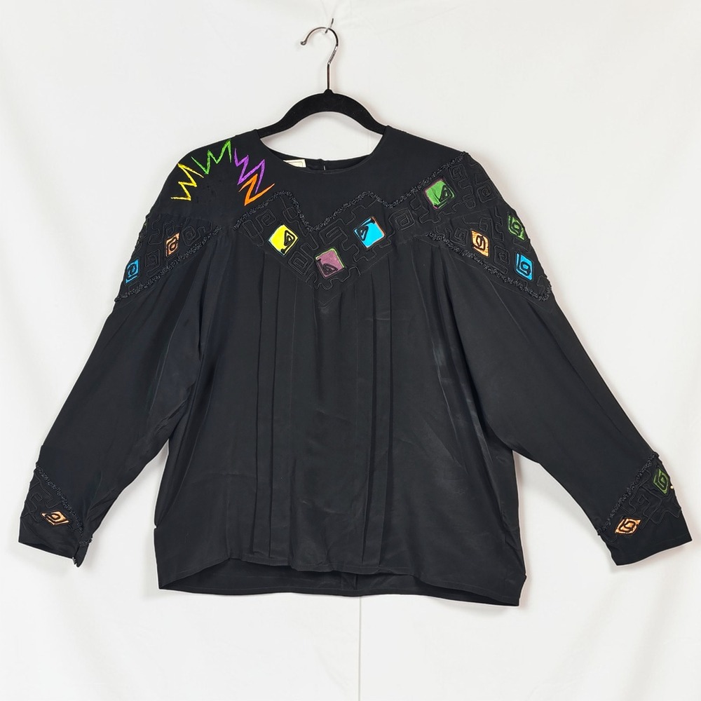 VTG Anne French‎ Blouse Woman Lrg Black Silk Embroidered Neon Geometric Art Deco